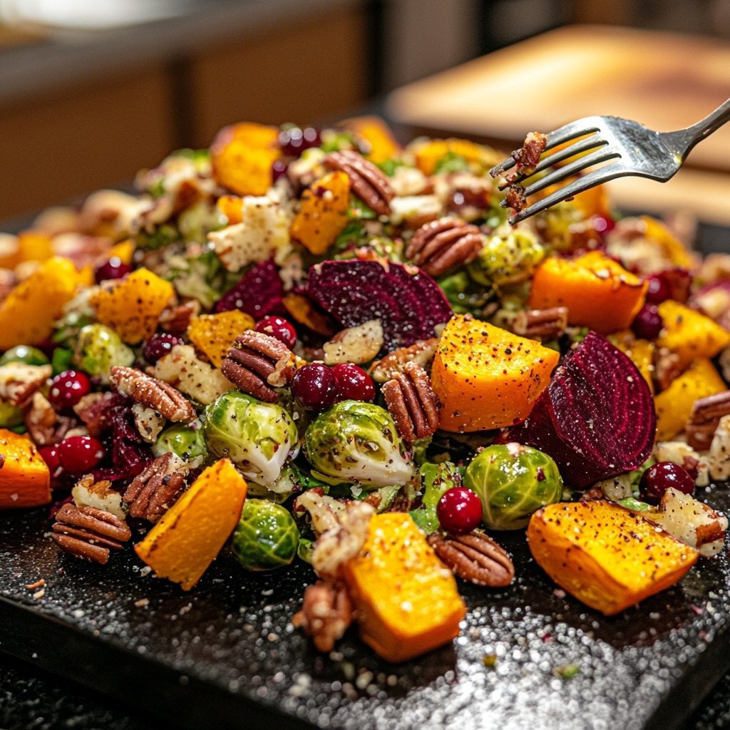 Wintersalat mit Butternutkürbis, Rosenkohl, Cranberries, Pekannüssen und Roter Bete